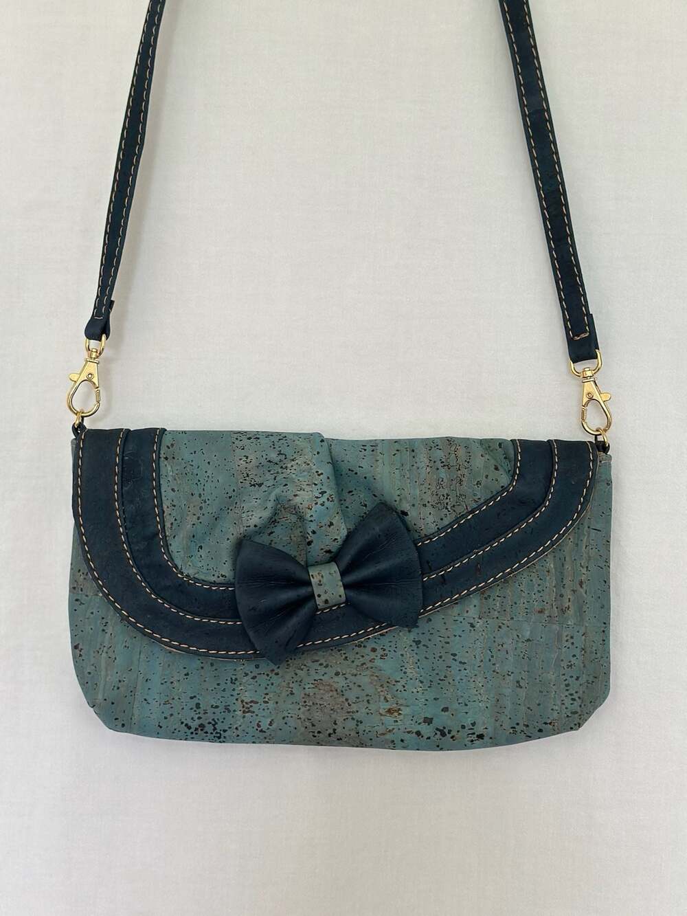 Natural Cork Teal and Navy Bow Accent Crossbody Clutch Bag